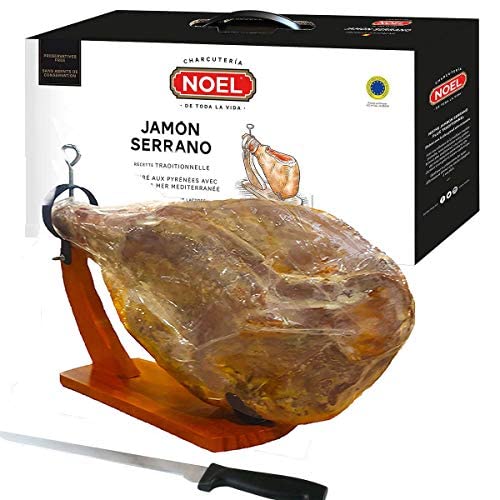 Serrano Cured Ham Bone in Shoulder | Spanish Jamon Serrano | Cured Aged 12 months + | Mediterranean Salt only | NO Nitrates, Preservative free |16-18 pounds | Wood Stand + Knife | Packaged in Gift Box