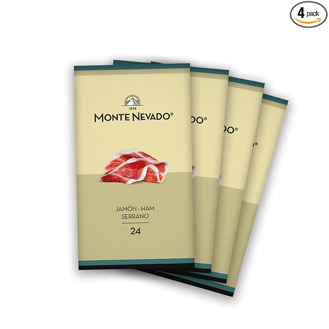 Monte Nevado Serrano Ham Sliced - 3 oz Each, Pack of 4 Units - 24 Months Avg Curing Time - Authentic Jamon Serrano - Great Gift or Special Occasion Snack