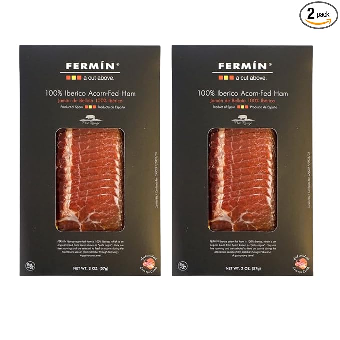 Fermin 100% Iberico Acorn-Fed Ham Sliced 2 oz (2 Pack) | Jamón de Bellota 100% Ibérico Loncheado, Authentic Spanish Iberico Acorn-Fed Ham