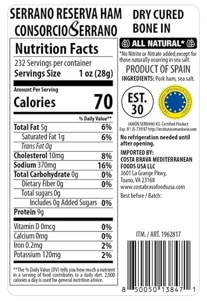 Jamón Serrano Reserva Ham, All Natural Spanish Bone-In, 12 Month Aging, Mediterranean Foods. Ham Holder and Knife Included