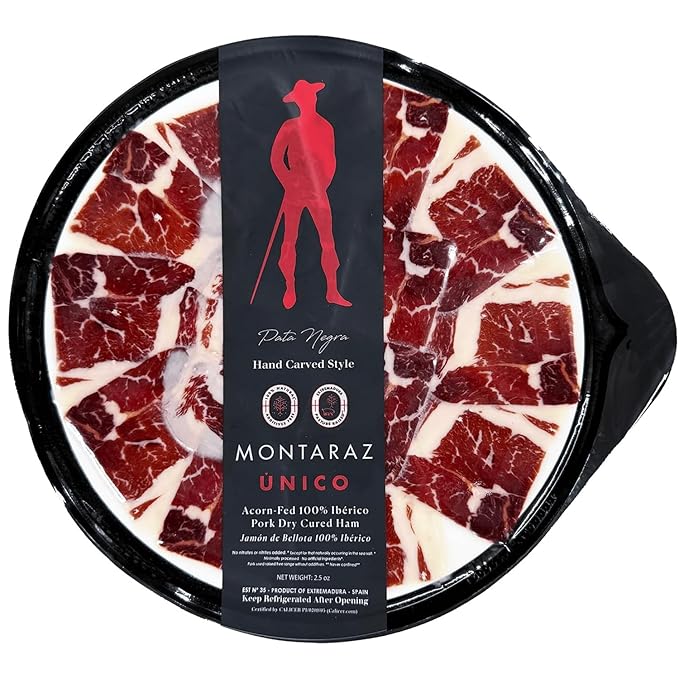 Nordic Catch Montaraz Jamón Ibérico de Bellota - Premium Black Label Deli Meat Ham Slices, 100% Pata Negra Jamón, Dry Cured Meat, Free Range & Acorn Fed Ibérico Ham from Spain - 2.5oz, Sliced
