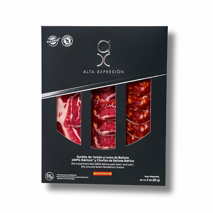 Ibérico Sampler – Acorn-Fed 100% Ibérico Ham, Loin & Chorizo (3 oz, Sliced, Dry-Cured Spanish Meats) – Alta Expresión by COVAP (1-Pack)