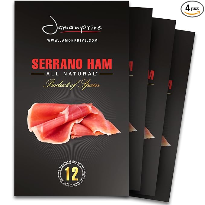 Spanish Serrano Ham Sliced Dry-Cured (12oz) - Spanish Jamon Serrano with NO Nitrates or Nitrites all Natural, GMO Free and Gluten Free - Jamonprive (3 oz Each, Pack of 4 Units)