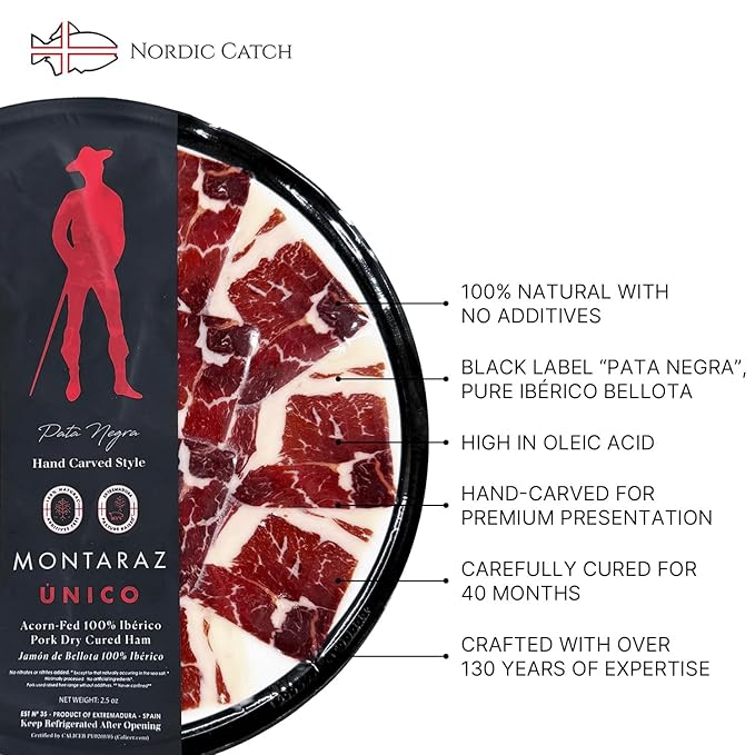 Nordic Catch Montaraz Jamón Ibérico de Bellota - Premium Black Label Deli Meat Ham Slices, 100% Pata Negra Jamón, Dry Cured Meat, Free Range & Acorn Fed Ibérico Ham from Spain - 2.5oz, Sliced