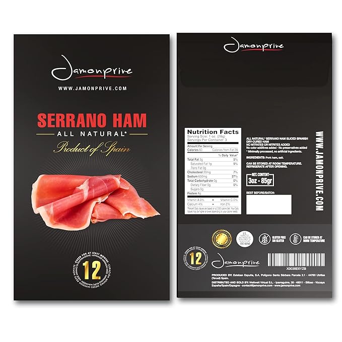 Spanish Serrano Ham Sliced Dry-Cured (12oz) - Spanish Jamon Serrano with NO Nitrates or Nitrites all Natural, GMO Free and Gluten Free - Jamonprive (3 oz Each, Pack of 4 Units)
