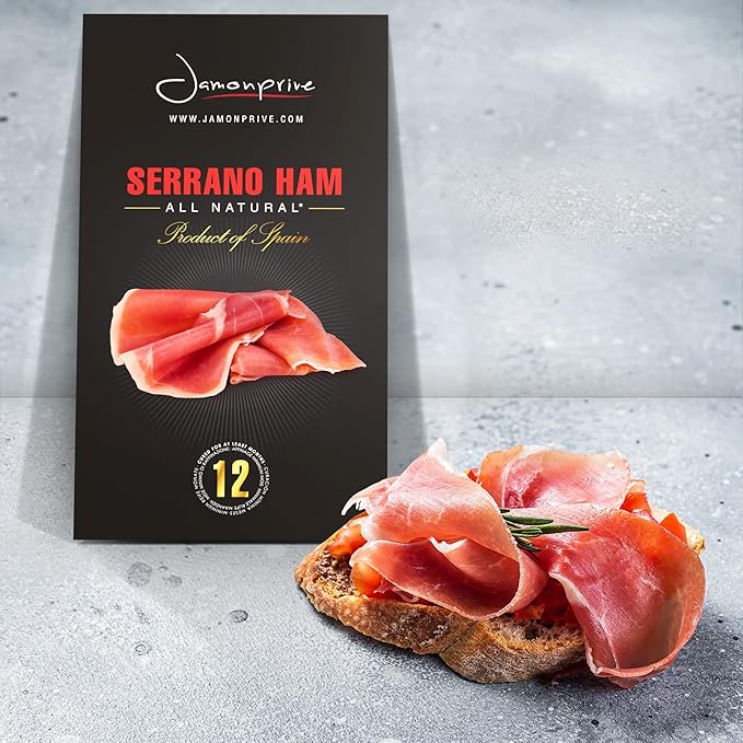 Spanish Serrano Ham Sliced Dry-Cured (12oz) - Spanish Jamon Serrano with NO Nitrates or Nitrites all Natural, GMO Free and Gluten Free - Jamonprive (3 oz Each, Pack of 4 Units)