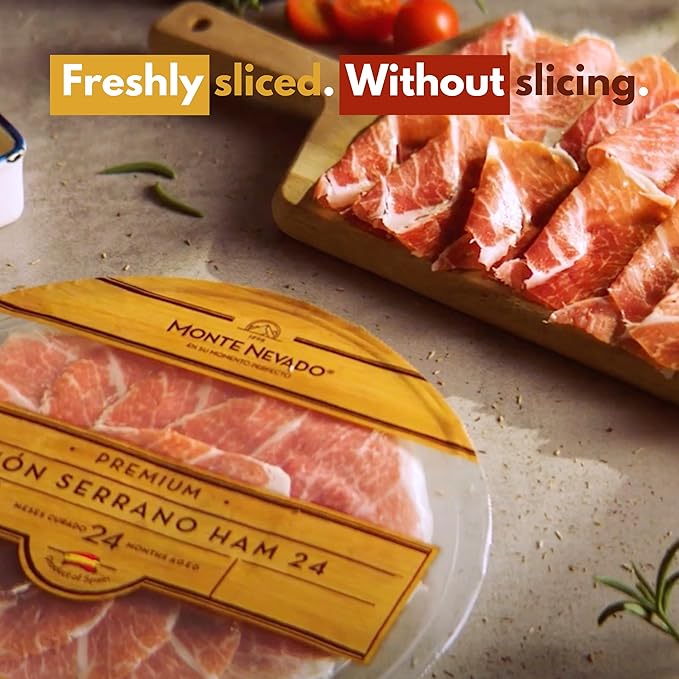 Monte Nevado Serrano Sliced Ham - 3 oz Each, Pack of 5 Plates - 24 Months Avg Curing Time - Authentic Spanish Jamon Serrano - Ready to Eat, Great Gift or Special Occasion Tapas Snack (5)