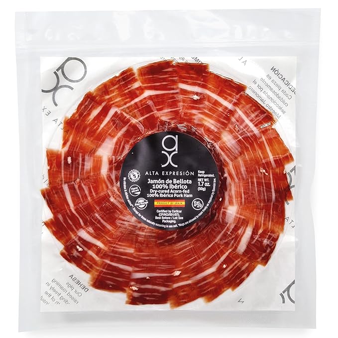 Acorn-Fed 100% Ibérico Ham (Jamón de Bellota) – Hand-Carved Pre-Sliced Round Plate 1.7 oz – Dry-Cured, Sea Salt Only – Product of Spain - Alta Expresion by Covap (1-Pack)