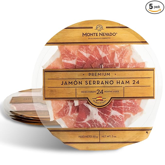 Monte Nevado Serrano Sliced Ham - 3 oz Each, Pack of 5 Plates - 24 Months Avg Curing Time - Authentic Spanish Jamon Serrano - Ready to Eat, Great Gift or Special Occasion Tapas Snack (5)