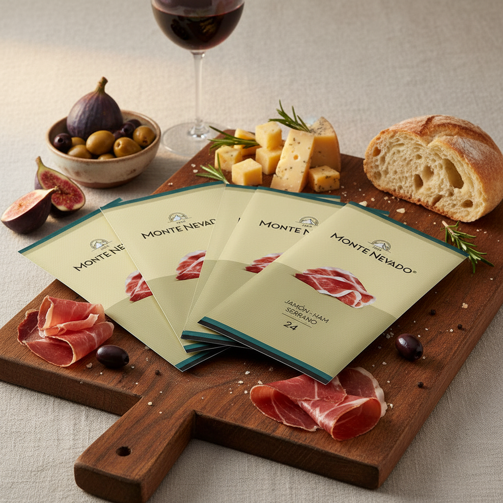 Monte Nevado Serrano Ham Sliced - 3 oz Each, Pack of 4 Units - 24 Months Avg Curing Time - Authentic Jamon Serrano - Great Gift or Special Occasion Snack